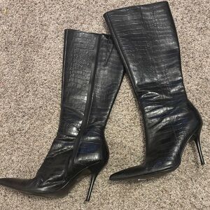 Aldo Black Croc-Patterned Knee High Heeled Boots Size 6.5